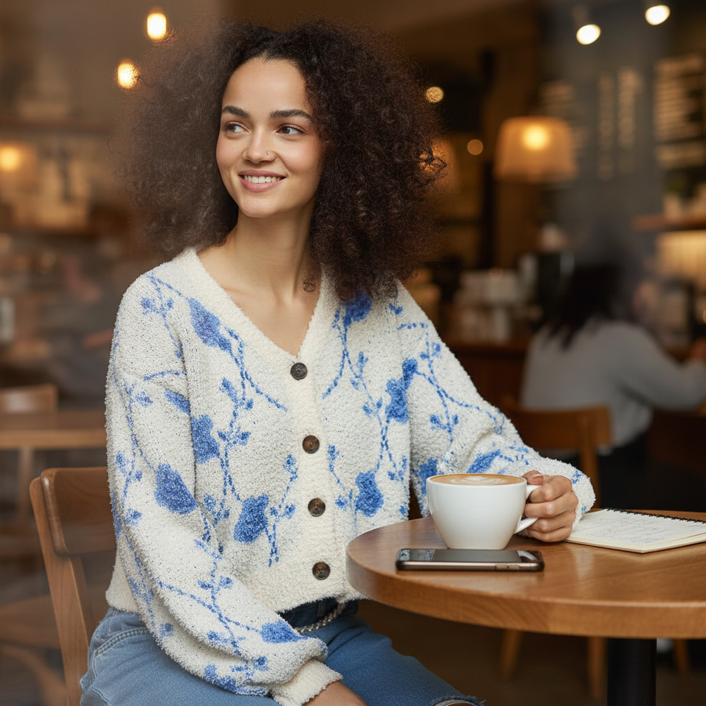 Women's cream blue floral cropped cardigan balloon sleeves styled for café date casual spring outfit