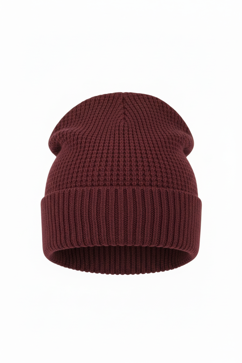 Leto Collection Burgundy waffle knit slouchy beanie, front product view showing ribbed cuff and textured knit

