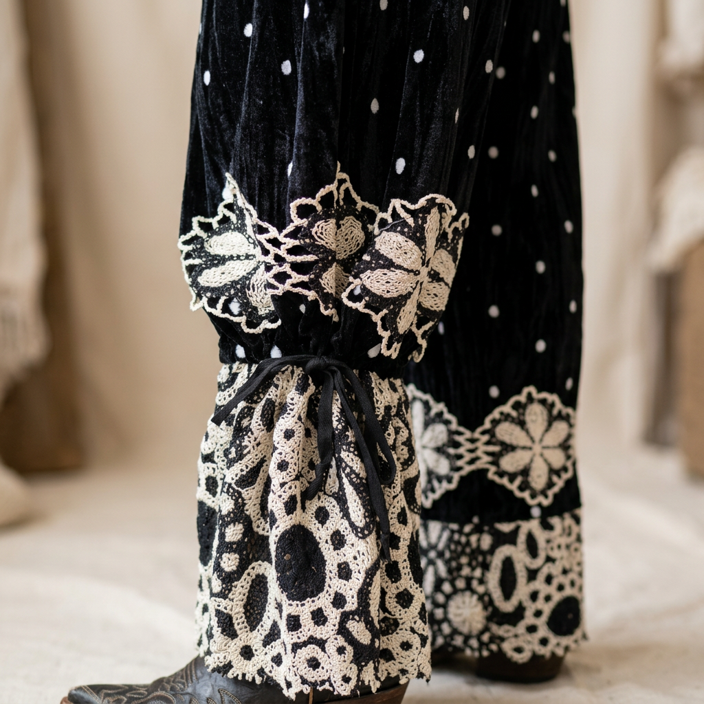 Close-up of the crochet lace hem and black side tie on black velvet polka dot pantaloons