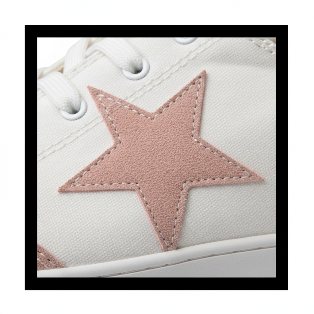 Close-up of blush pink suede star applique patch on women's white canvas sneaker with stitching detail