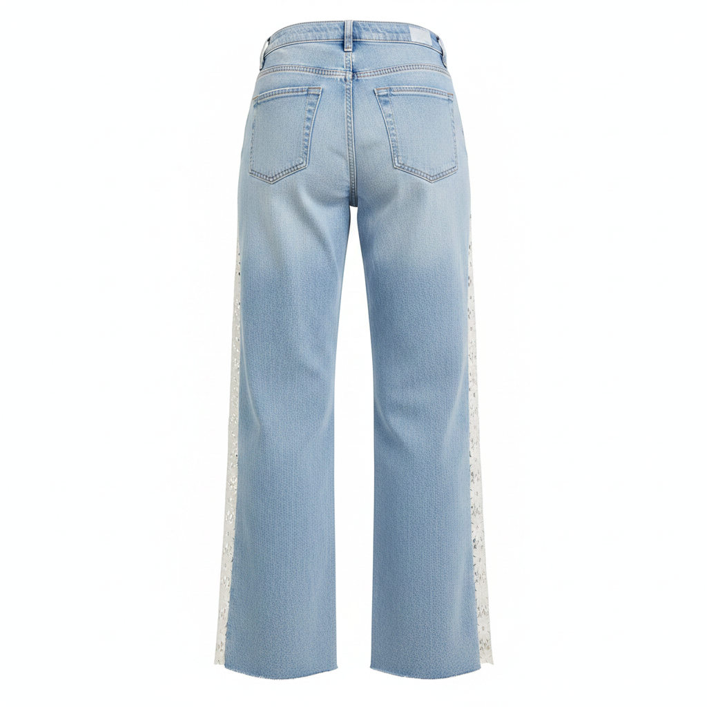 Women's light blue Risen high rise crop wide leg jeans back view showing lace panel detail and wide leg silhouette