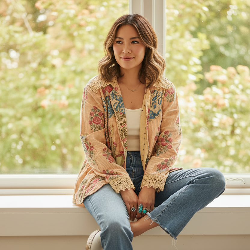 Women's dusty peach artisan patchwork jacket, dahlia floral print, lace cuff detail, crinkled cotton, one-size relaxed fit