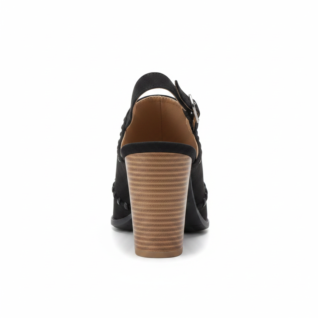 Qupid DAYOFF-23X black suede PU peep-toe slingback mule with whipstitch trim and stacked block heel, rear view