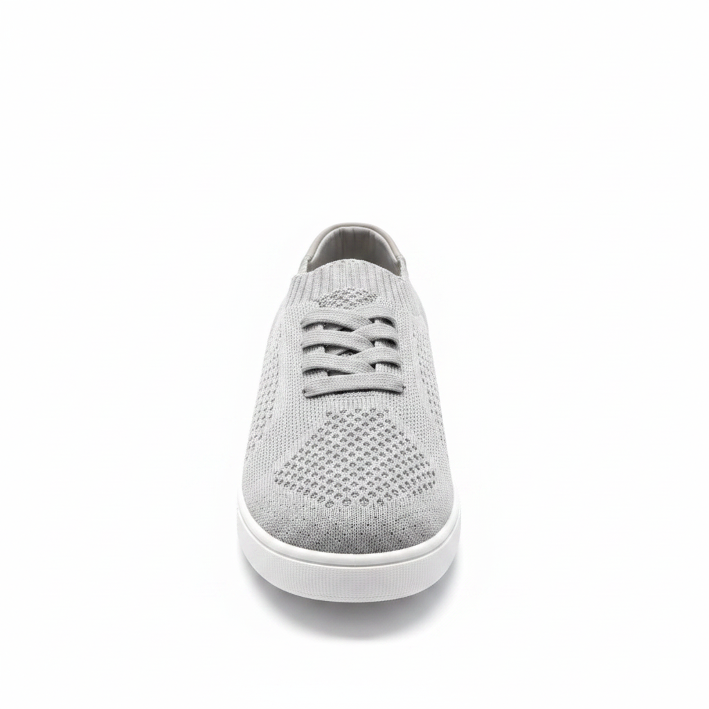 Women's light grey flyknit lace-up sneaker front view on white background showing knit upper and grey laces