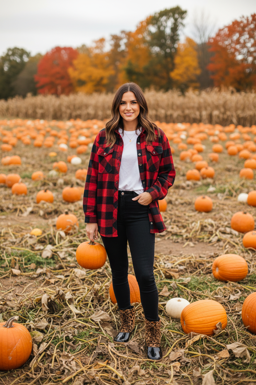 Leopard duck boots styled with flannel shirt in pumpkin patch - fall outfit inspiration