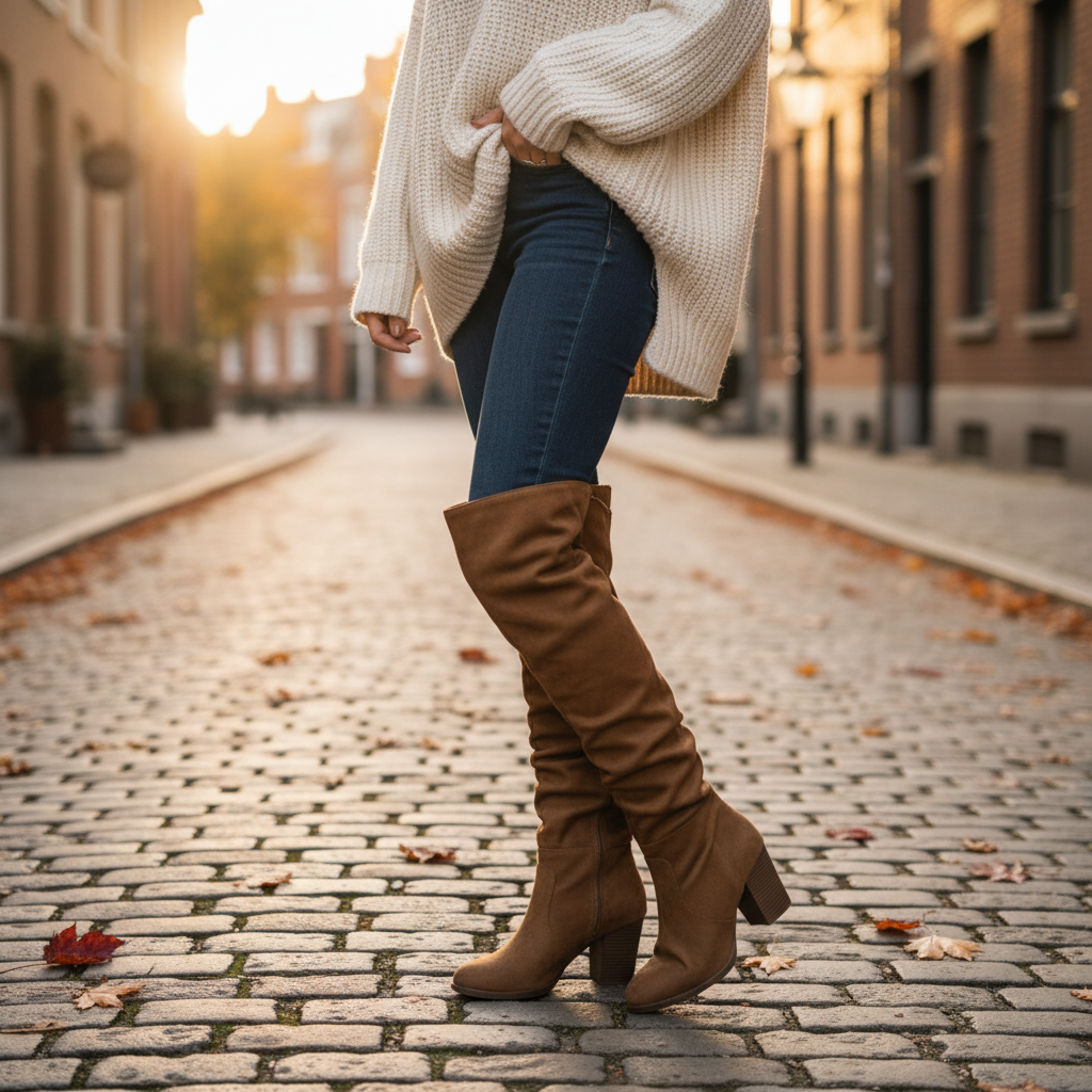 Women's coffee brown over-the-knee slouchy faux suede boots with block heel styled with skinny jeans and cream knit sweater on cobblestone street - BellanBlue