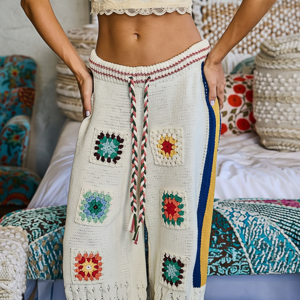 POL Clothing cream wide-leg knit pants, close-up of granny square crochet patches and braided multicolor tassel waistband tie
