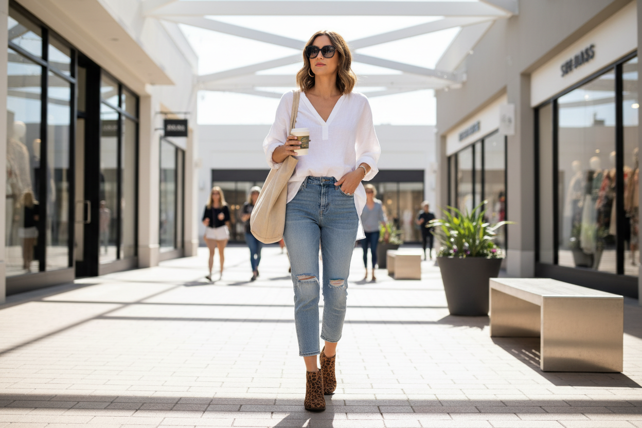 Leopard print ankle booties paired with cropped jeans and white blouse in modern shopping district