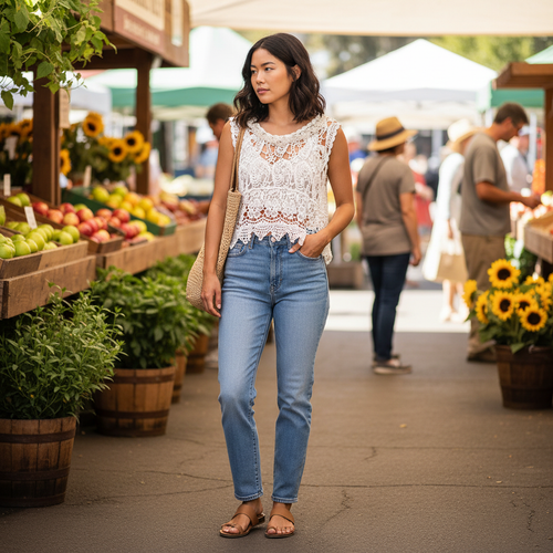 Women's off white POL crochet lace neck cropped top styled at farmers market casual boho outfit - BellanBlue