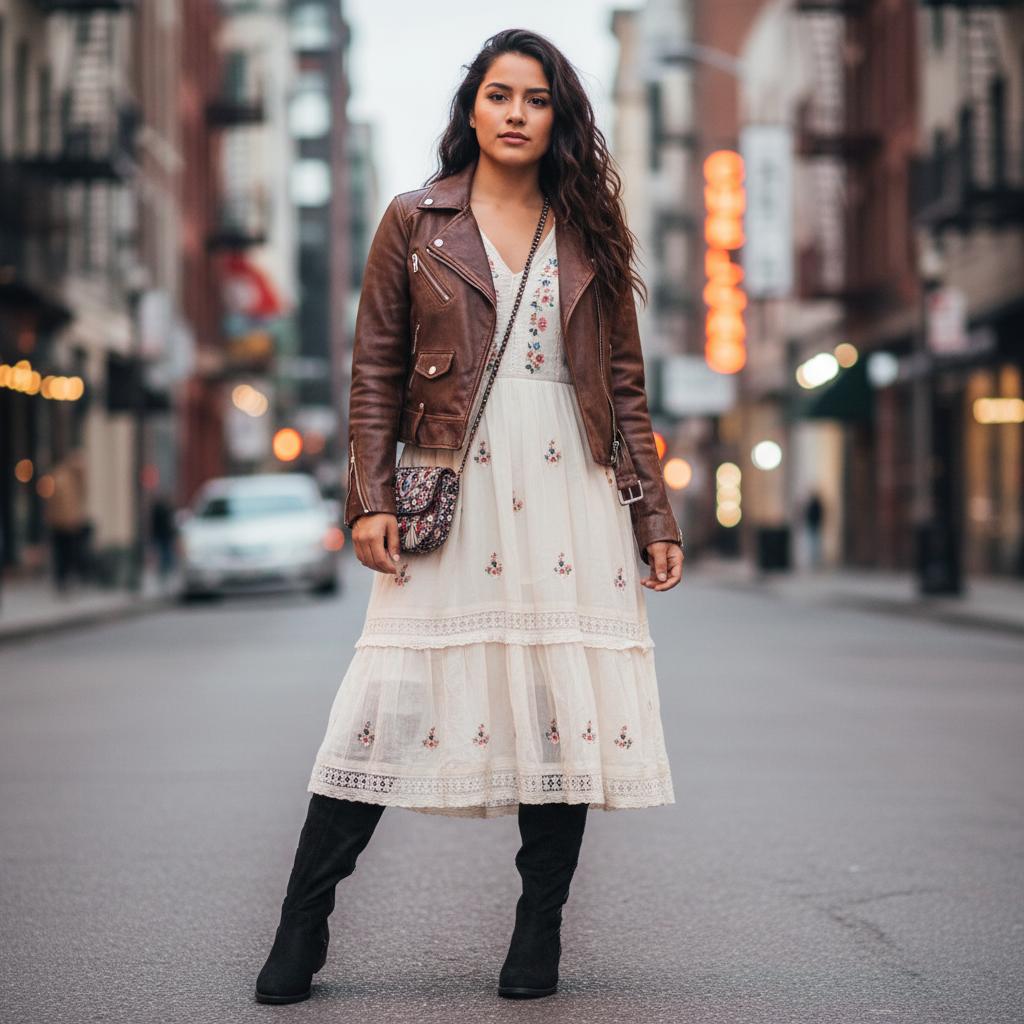 Women's black faux suede over-the-knee boots styled with boho midi dress and leather jacket street style