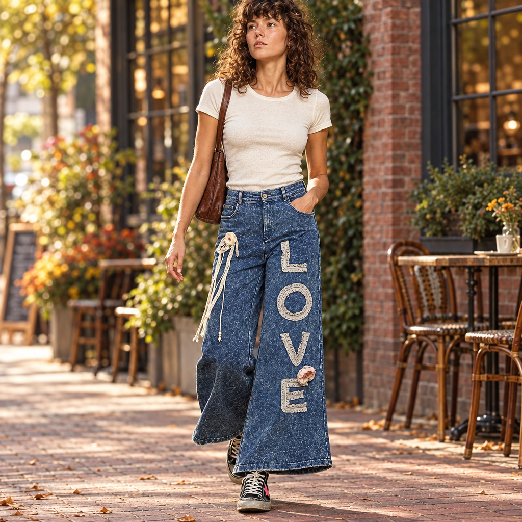 POL Clothing women's indigo LOVE appliqué wide-leg pants walking by a brick café