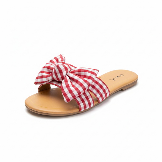 Red and white gingham bow sandals showing bow detail on white background