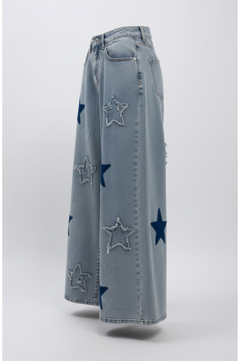 Star Patch Wide-Leg Distressed Jeans - side view showing wide-leg silhouette and star patch details