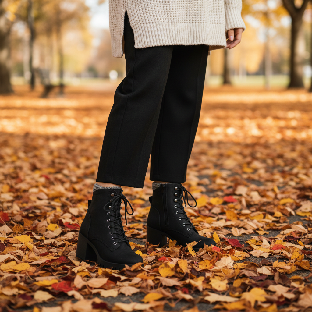 Woman in black lace-up combat boots with wide-leg trousers and cream knit sweater standing on autumn leaves in park
