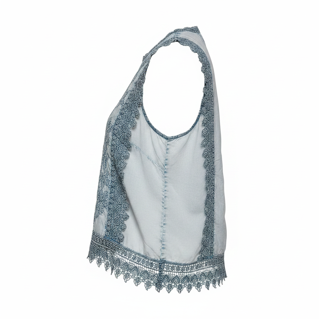 Women's denim blue lace trim crop top side profile, boxy silhouette, washed chambray