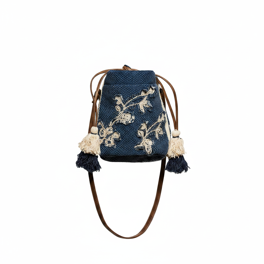 Women's embroidered butterfly crossbody bag, denim blue, woven front panel, tassel detail, front view