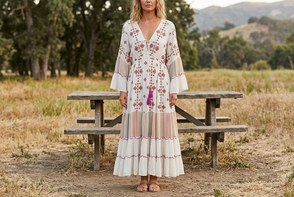 Woman wearing an ivory embroidered maxi dress with bell sleeves and magenta tassels beside a meadow picnic table.