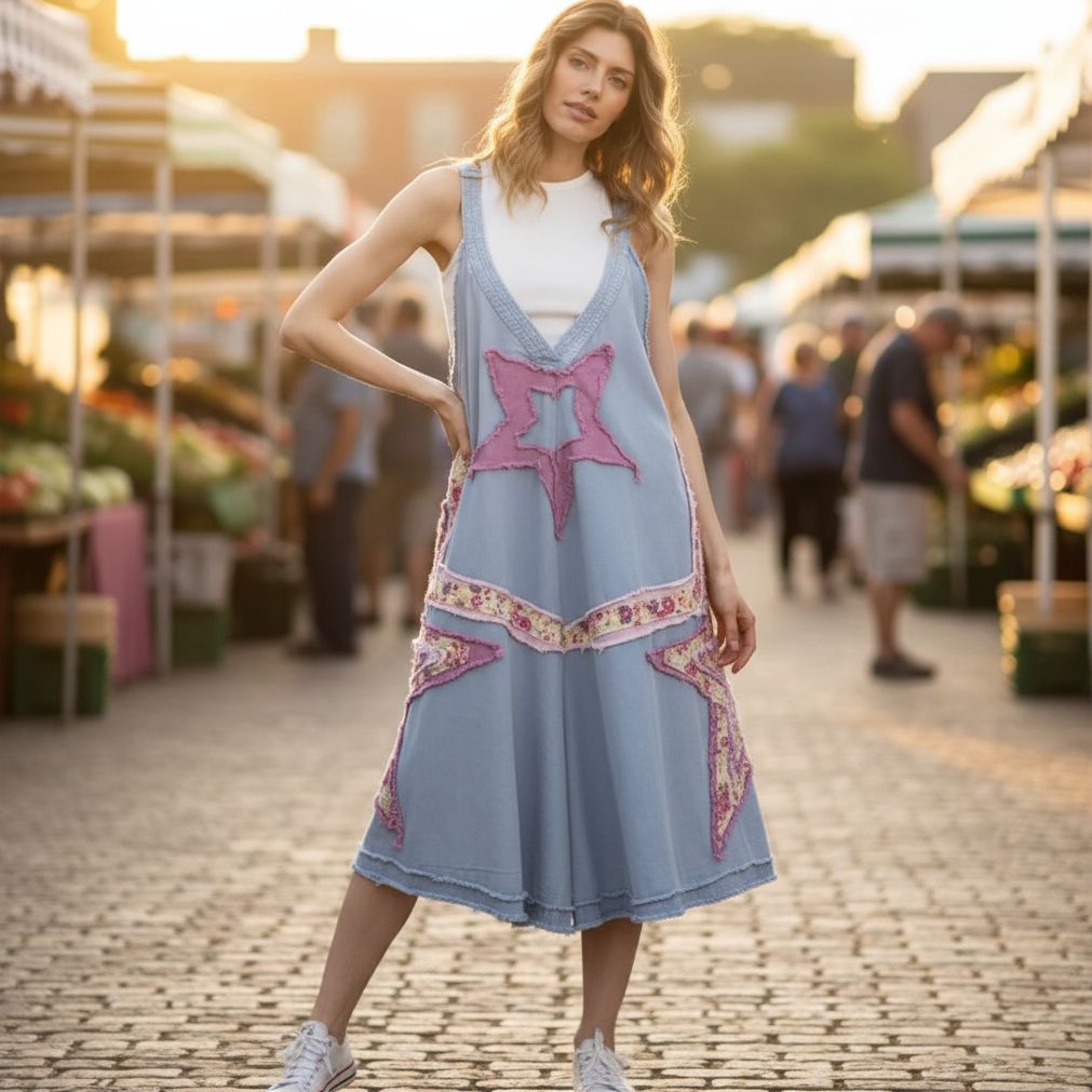 Bluevelvet women's light blue star patch wide-leg midi jumpsuit at outdoor farmers market weekend setting