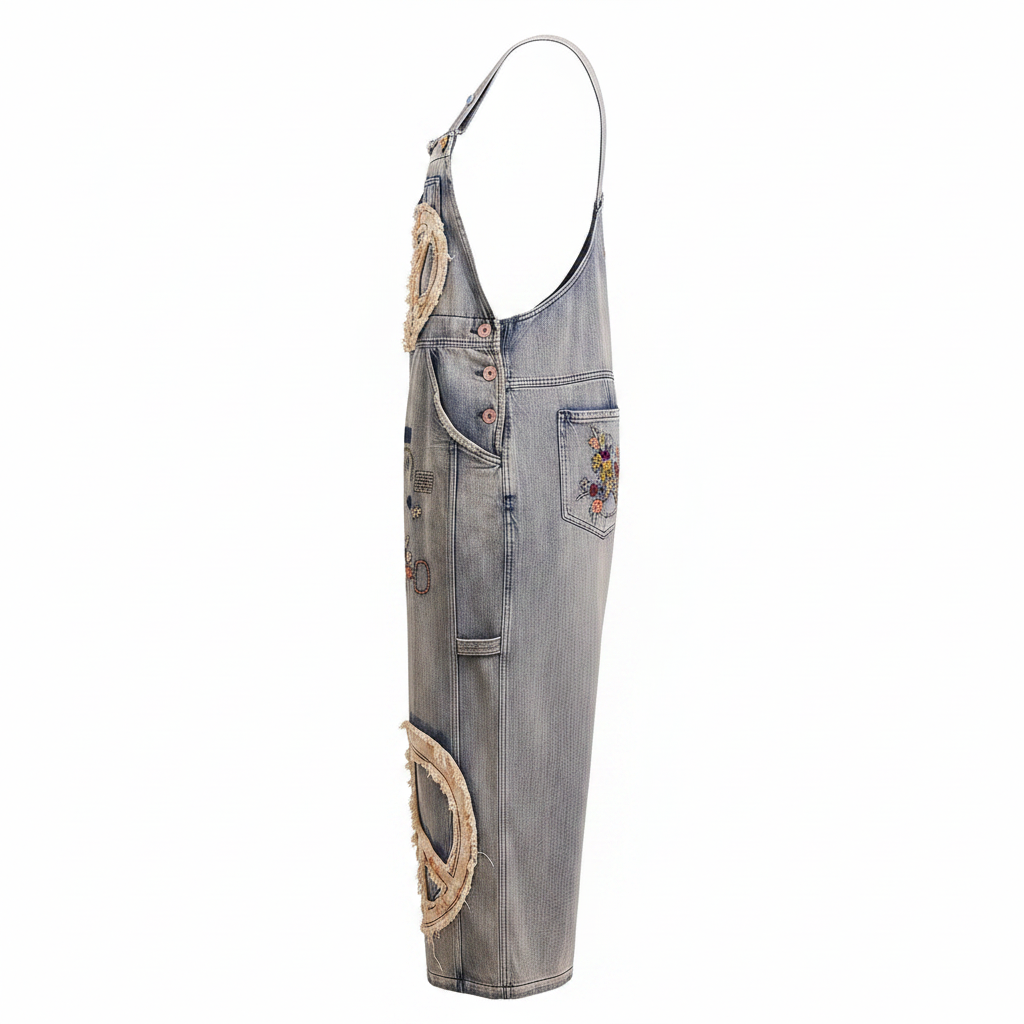 Bluevelvet women's wide-leg cropped denim overalls side profile, barrel leg shape, raffia peace patch detail