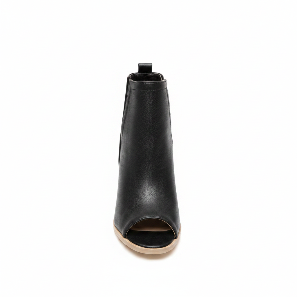Women's black faux leather peep toe bootie with chunky stacked cork block heel and side cutouts, front view, white background