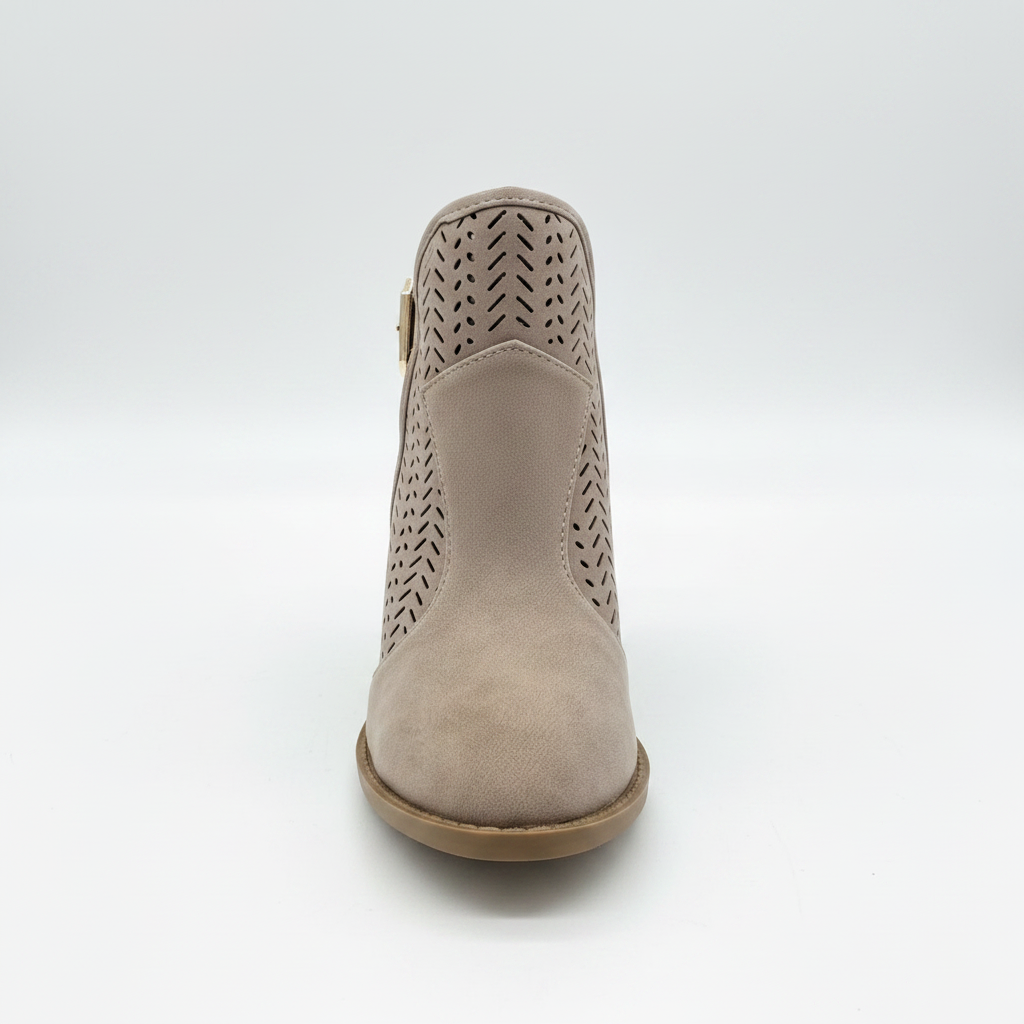 Women's taupe faux suede perforated pointed toe ankle bootie with gold square buckle side cutout and stacked block heel front view white background