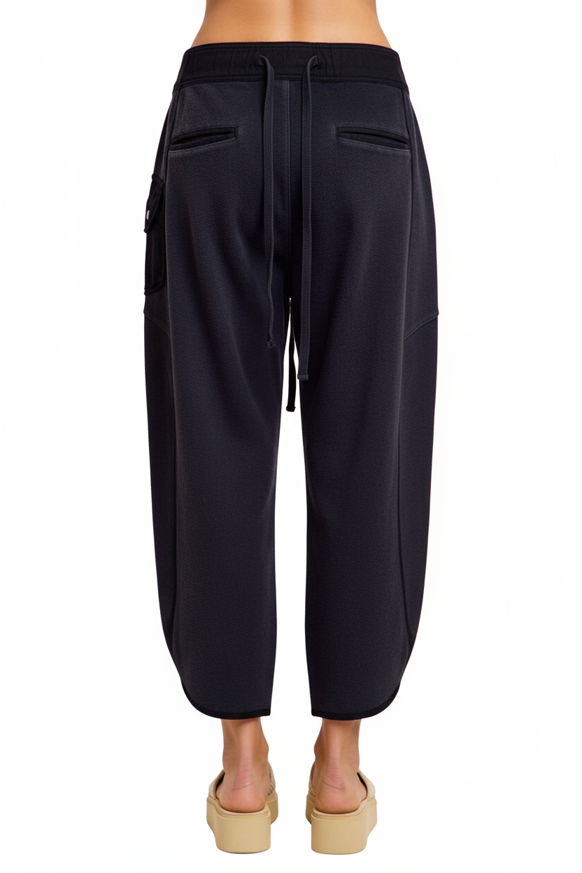 Black Charcoal Washed Terry Cargo Pants - Back View with Drawstring Details - BiBi