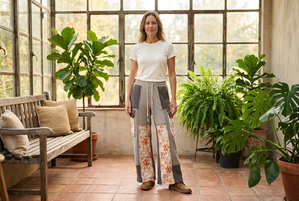 POL Clothing women's grey floral patchwork thermal pants in a leafy sunroom, landscape view