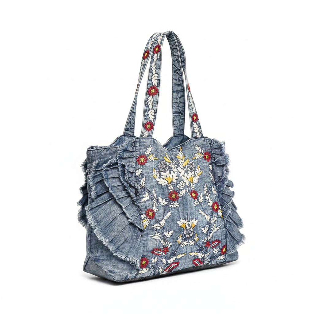 Women's denim embroidered ruffle tote bag, 3/4 hero angle, white studio background