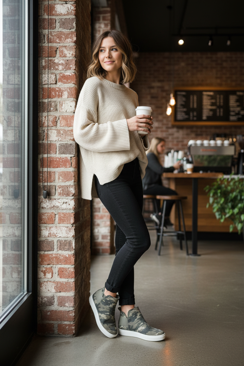 Woman holding a coffee cup in a cozy cafe setting