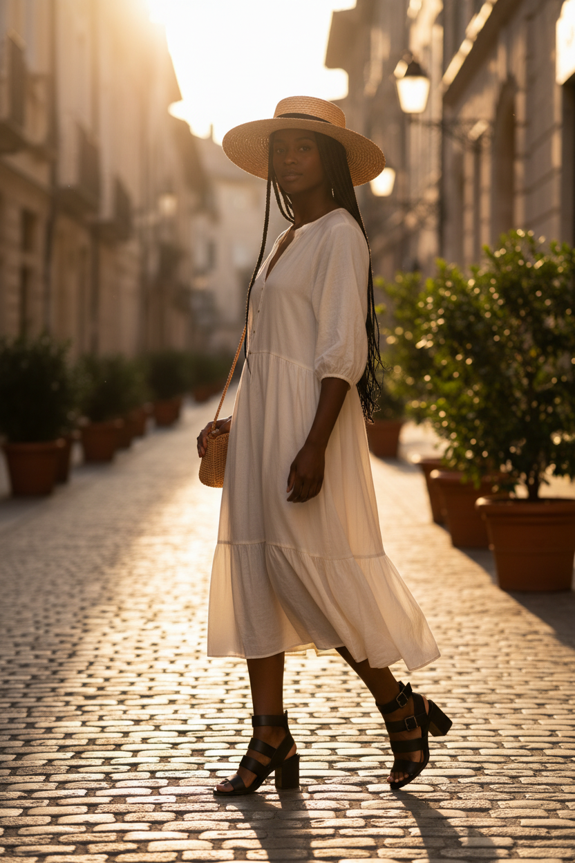 Black strappy open toe booties with midi dress on cobblestone street editorial photo