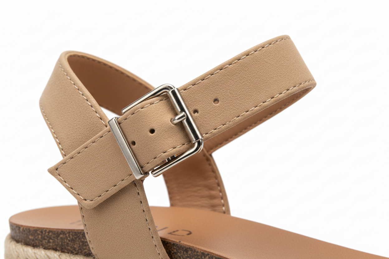 City Classified natural espadrille sandal ankle strap and buckle closure detail, close-up on white background
