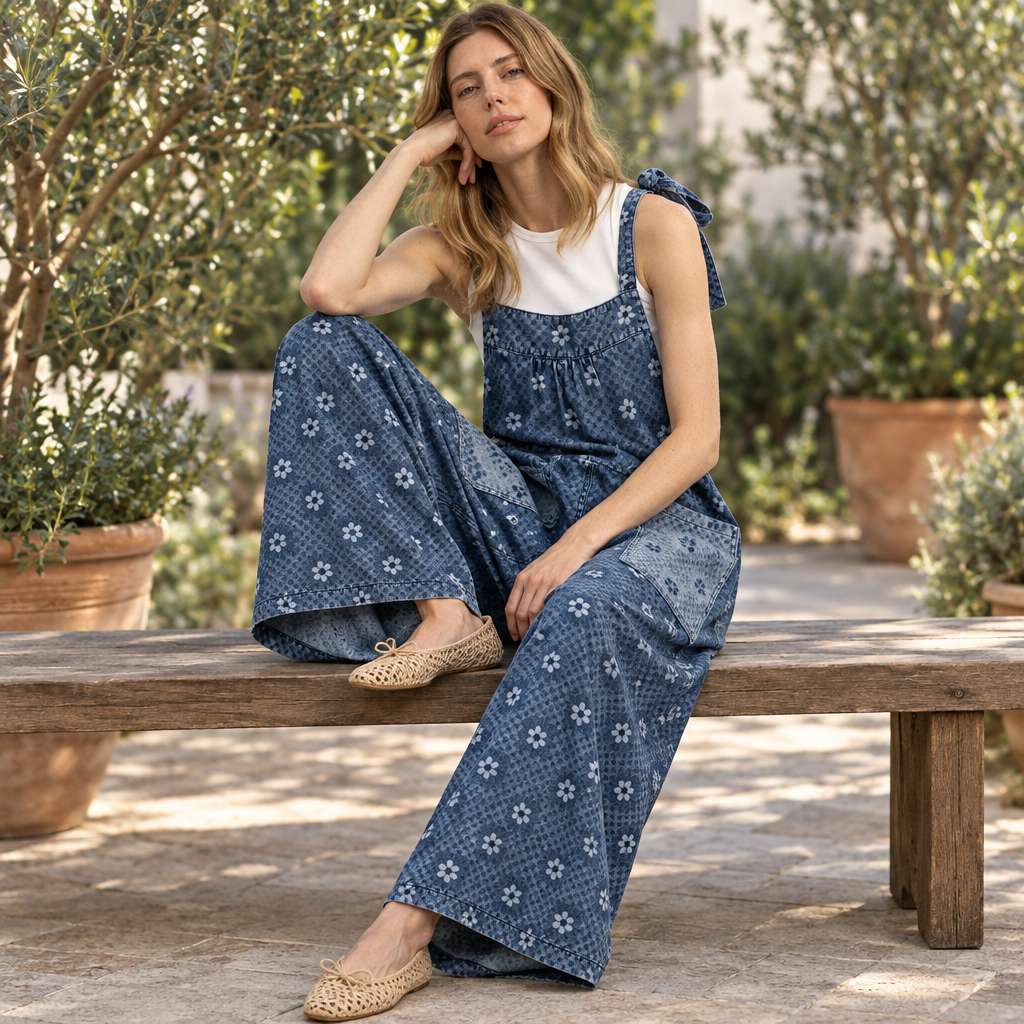 Blue Velvet sleeveless denim jumpsuit with square neckline worn seated on a garden patio bench