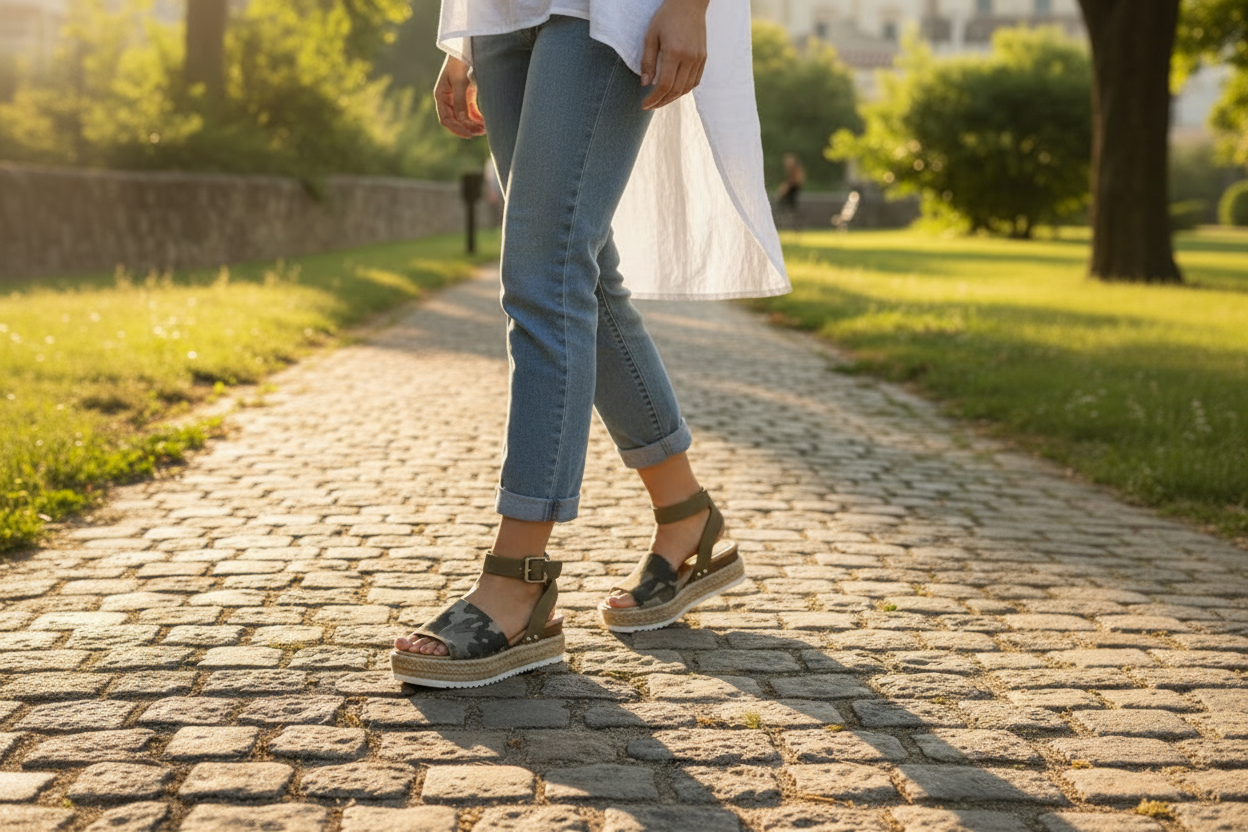 Espadrille platform sandals with ankle strap worn with blue wide-leg denim star print overalls in a boho summer outdoor setting