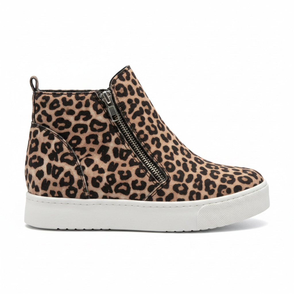 Women's oatmeal cheetah print sneaker bootie side view, silver side zipper, white platform sole