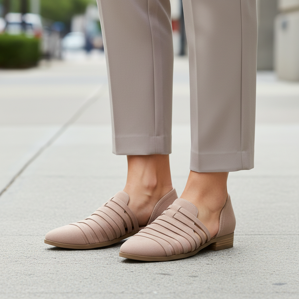 Woman standing in stone cage strap Qupid d'Orsay flats with cut-out vamp straps, neutral trousers on urban sidewalk