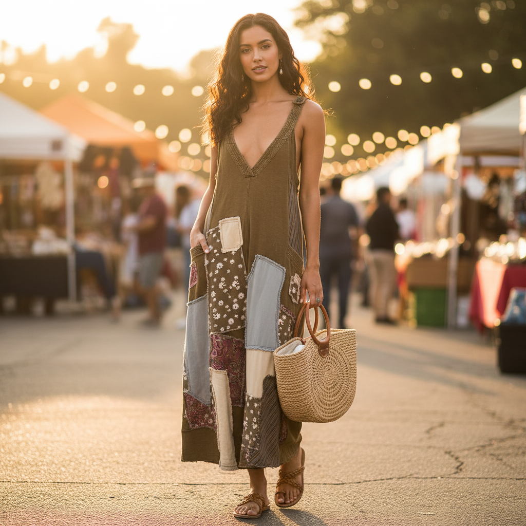 Women's olive patchwork wide-leg jumpsuit styled with braided sandals at outdoor market - BellanBlue