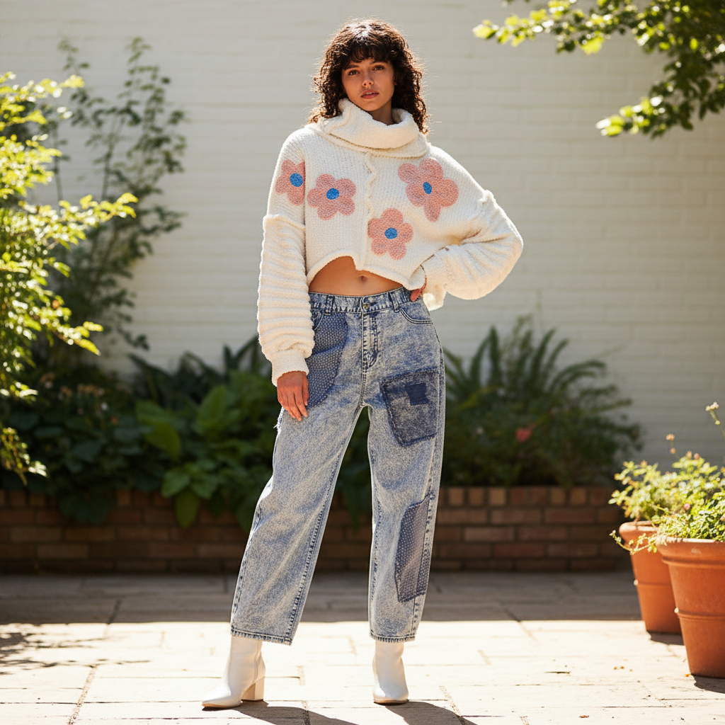 Women's POL Clothing ivory boucle pink daisy appliqué cropped turtleneck sweater styled on garden patio - BellanBlue