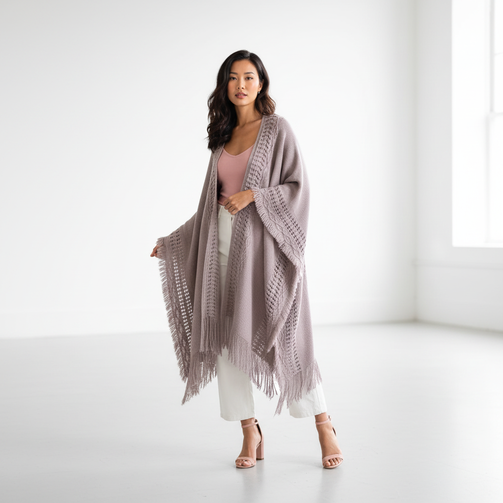 Women's gray fringe ruana wrap styled with white wide-leg trousers, open-knit kimono cardigan – BellanBlue