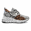 Snake and leopard mixed print platform sneaker with speckled chunky sole, side profile view, white background - BellanBlue