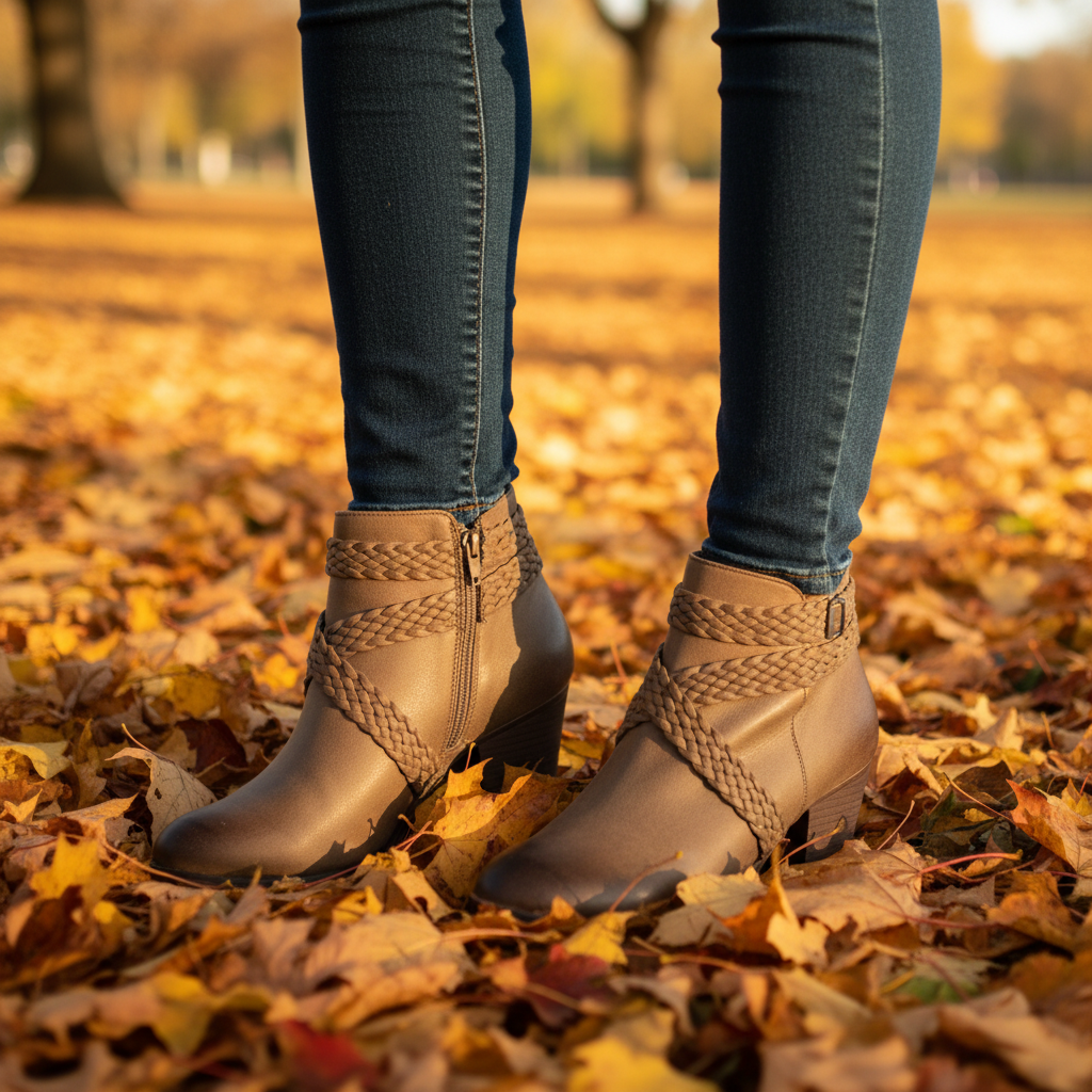 Woman in BellanBlue Lazzaro-2 taupe ankle booties standing on autumn leaves in golden hour park