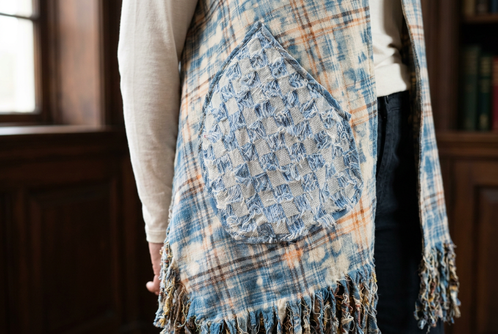 Detailed view of a rounded blue crochet patch pocket against the vest’s faded blue and cream plaid.