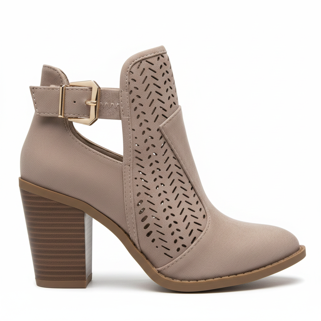Women's taupe perforated faux suede pointed toe bootie with gold buckle accent and tall stacked wood block heel side profile view white background