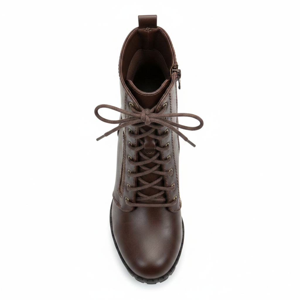 Women's brown lace-up combat bootie top-down view showing lace closure and round toe box - Soda