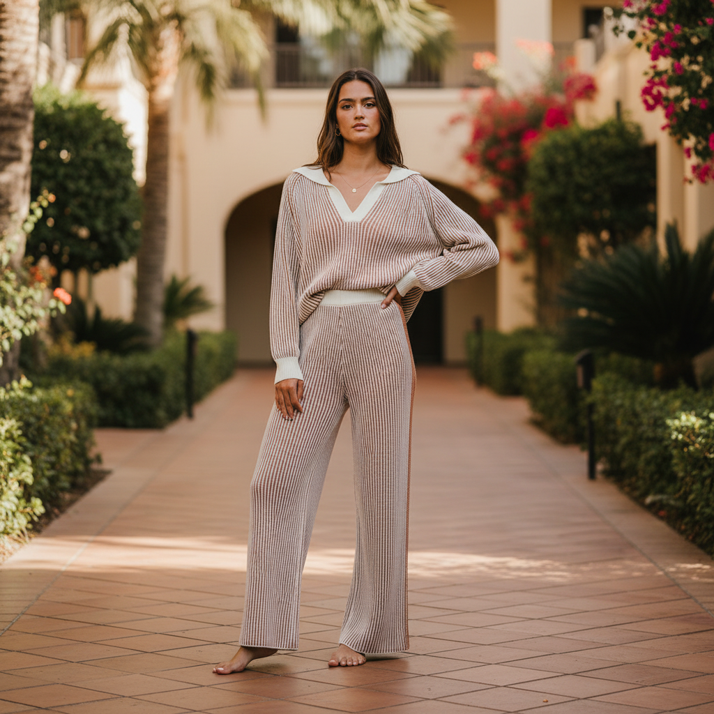 Women's BiBi ivory rust two-tone ribbed sweater and wide leg pants set styled on a resort terrace - BellanBlue