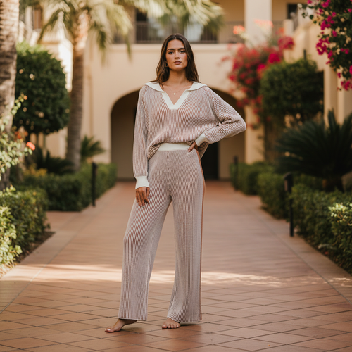 Women's BiBi ivory rust two-tone ribbed sweater and wide leg pants set styled on a resort terrace - BellanBlue