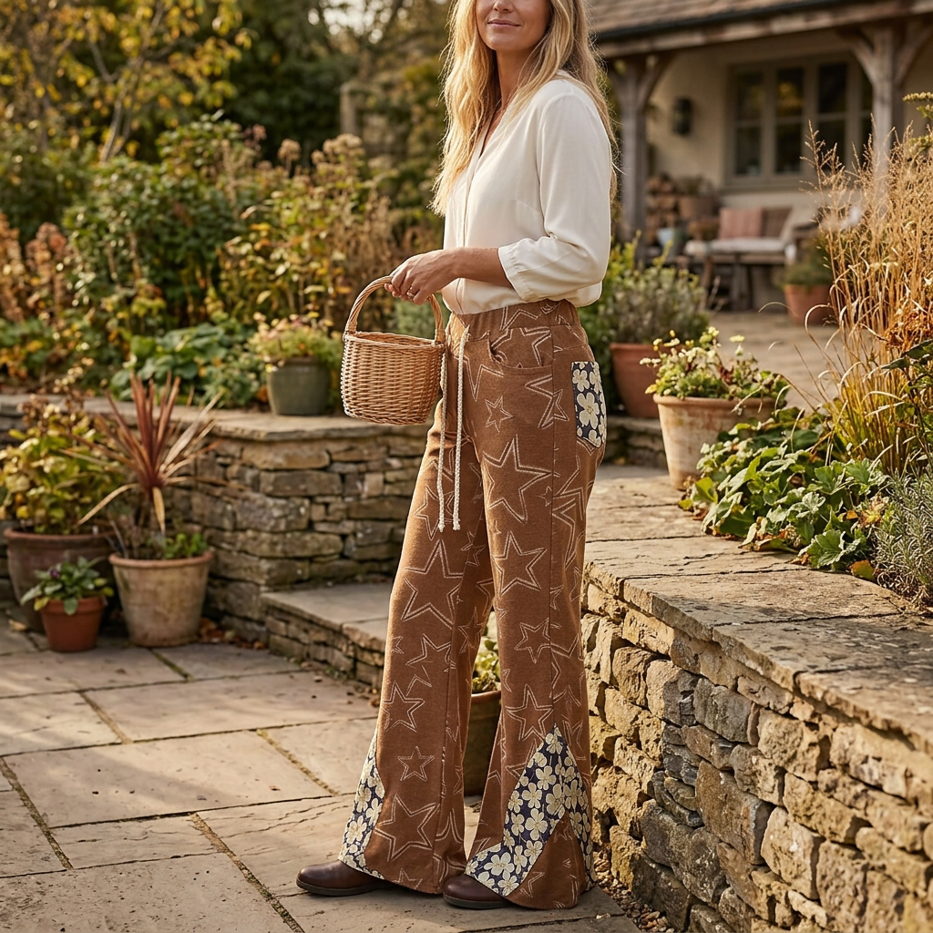 POL Clothing women's rust brown floral patchwork flare pants with an ivory blouse on a garden terrace