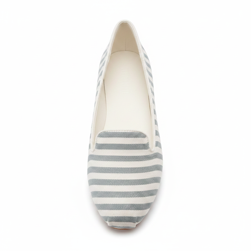 Grey and white stripe slip-on flat, overhead top-down view showing full stripe pattern on white background