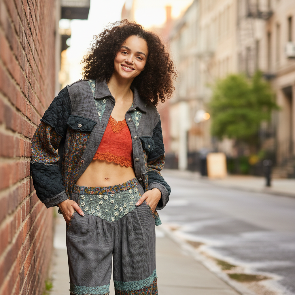 Women's charcoal pearl detail A-line jacket styled for a fall weekend outfit