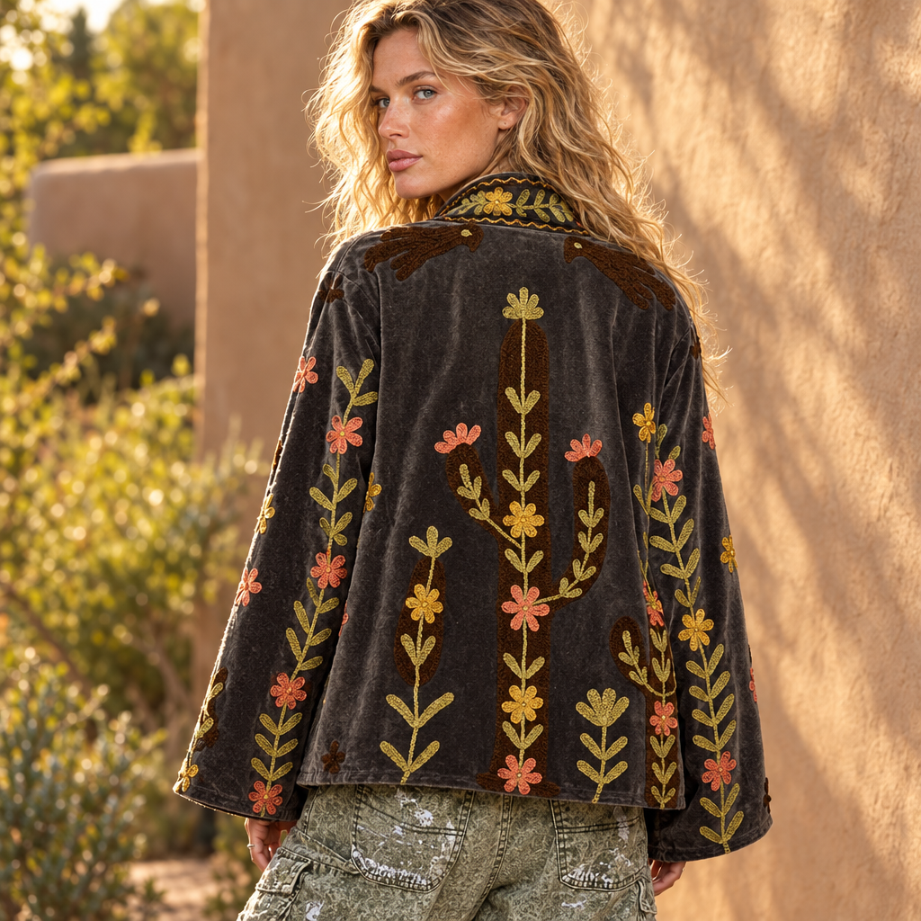 POL Clothing charcoal velvet jacket back view with cactus and bird patch embroidery