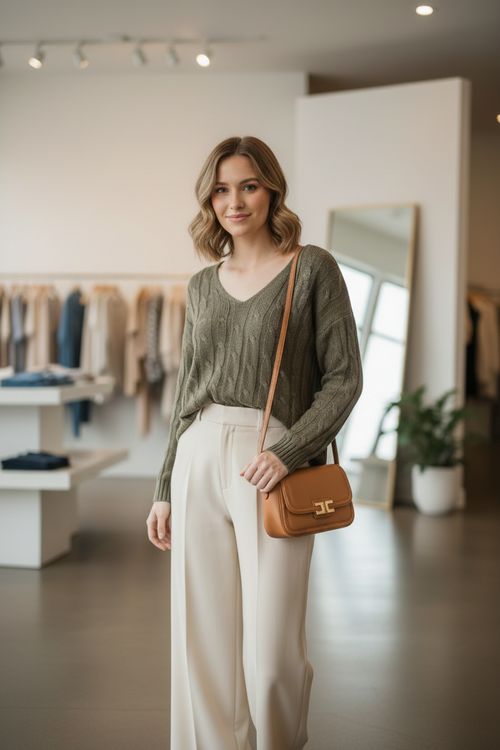 Woman in a green sweater and white pants holding a brown bag in a clothing store.